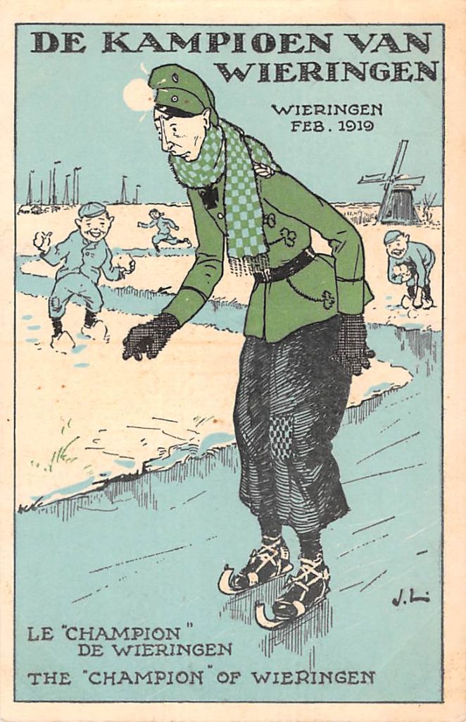 Wilhelm afgebeeld als ‘Kampioen van Wieringen’ en mikpunt van de sneeuwballen gooiende jeugd, 1919 (Stadsarchief Amsterdam)